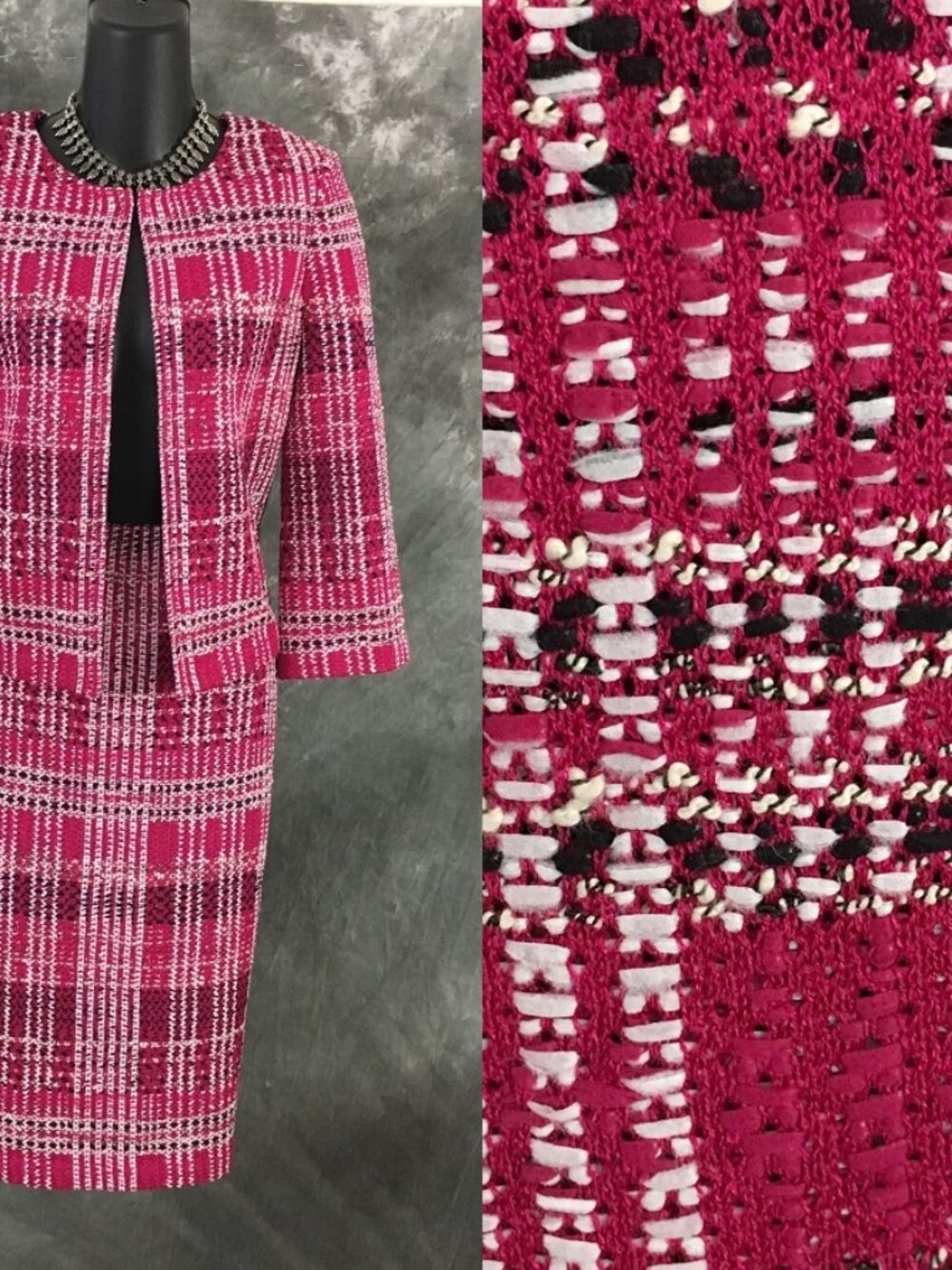 NWT NEW St John collection knit cosmo pink multi jacket skirt suit size S 2